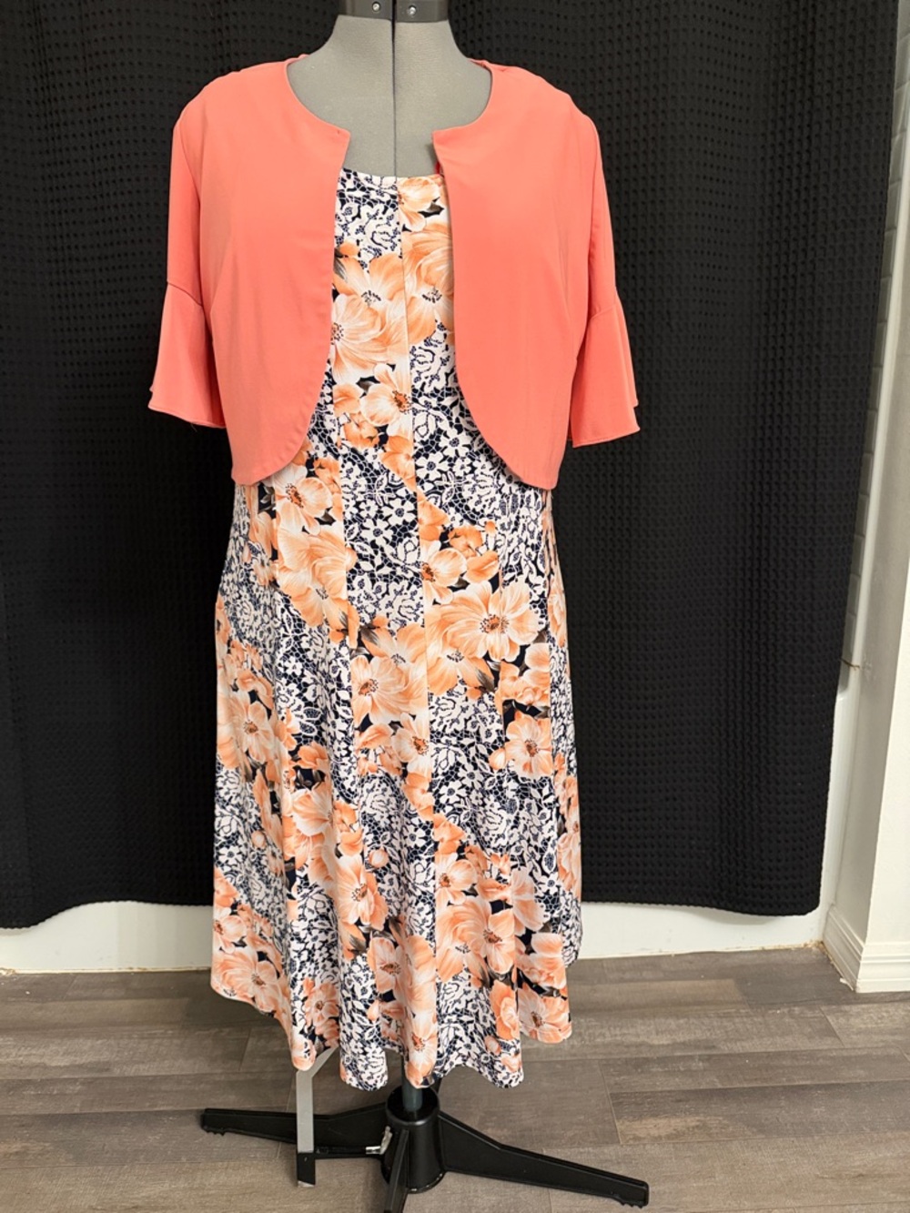 Perceptions Coral Bolero with Navy & Coral Floral Midi Dress